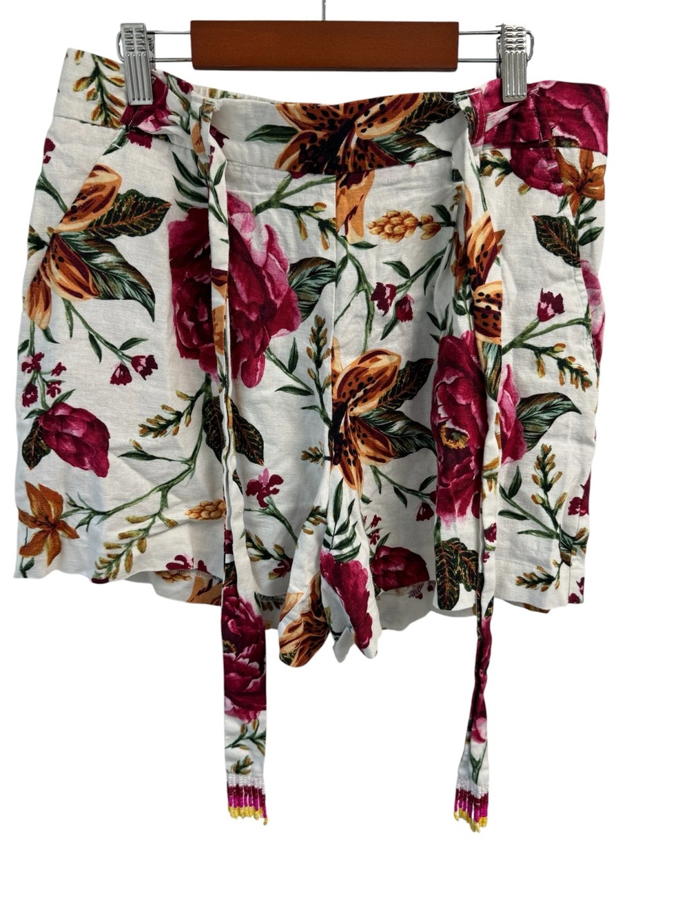 Floral Tie-Waist Linen Blend Pull On Shorts Elastic Waist Summer Beach Cruise 10